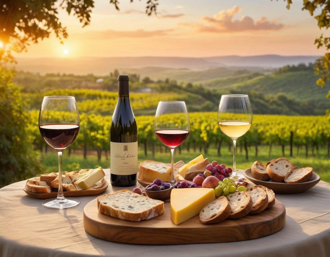 A beautifully arranged table showcasing a variety of wine glasses filled with colorful wines, surrounded by lush vineyards and picturesque landscapes in the background. A artisan cheese platter and a few rustic bread loaves are artfully placed on the table. In the foreground, a couple cheers with their wine glasses, embodying the joy of exploration and tasting. Soft sunset light casts a warm glow over the scene. painterly. vibrant colors. romantic ambiance.
