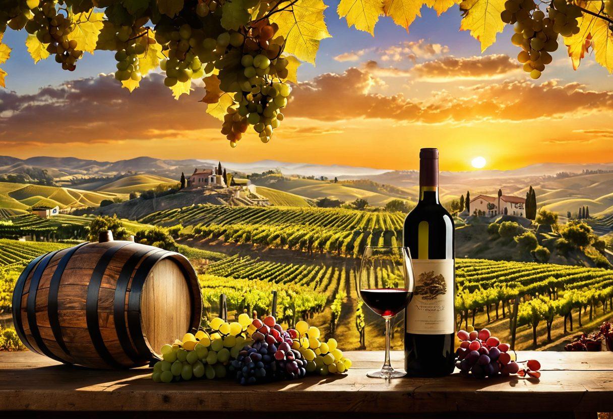 A picturesque vineyard under a golden sunset, showcasing lush grapevines laden with ripe grapes. In the foreground, a skilled winemaker gently pouring freshly pressed wine into an elegant glass, surrounded by barrels and tools of the trade. A backdrop of rolling hills and a clear sky enhances the atmosphere of craftsmanship and nature's beauty. super-realistic. warm tones. atmospheric lighting.