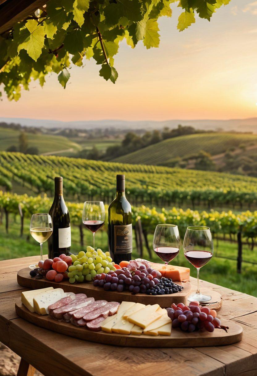 A stunning vineyard landscape at sunrise, showcasing rows of grapevines with dew glistening on the leaves. In the foreground, a rustic wooden table is set with various wine bottles and glasses, alongside a charcuterie board featuring cheese and fruits. A distant horizon filled with rolling hills mimics the curves of wine bottles. Soft light accentuates the warm colors of the scene, creating an inviting ambiance for wine enthusiasts. hyper-realistic. warm tones. vibrant colors.